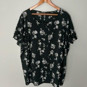 Lane Bryant Dark Green with White/Gray Flowered Blouse with Ruffled Sleeves.